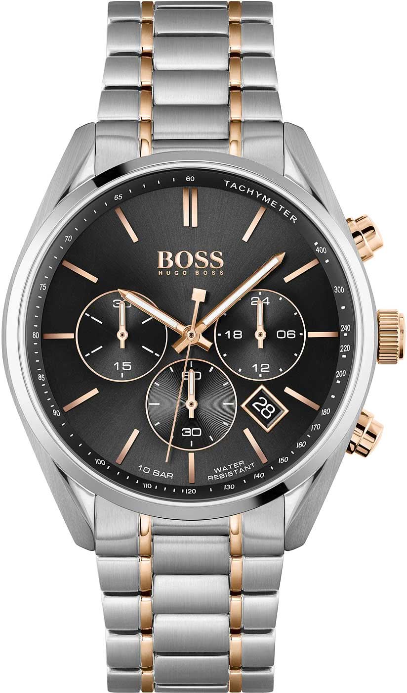 Bracelet de montre pour homme avec cadran noir, chronographe, lunette tachymètre, acier inoxydable doré