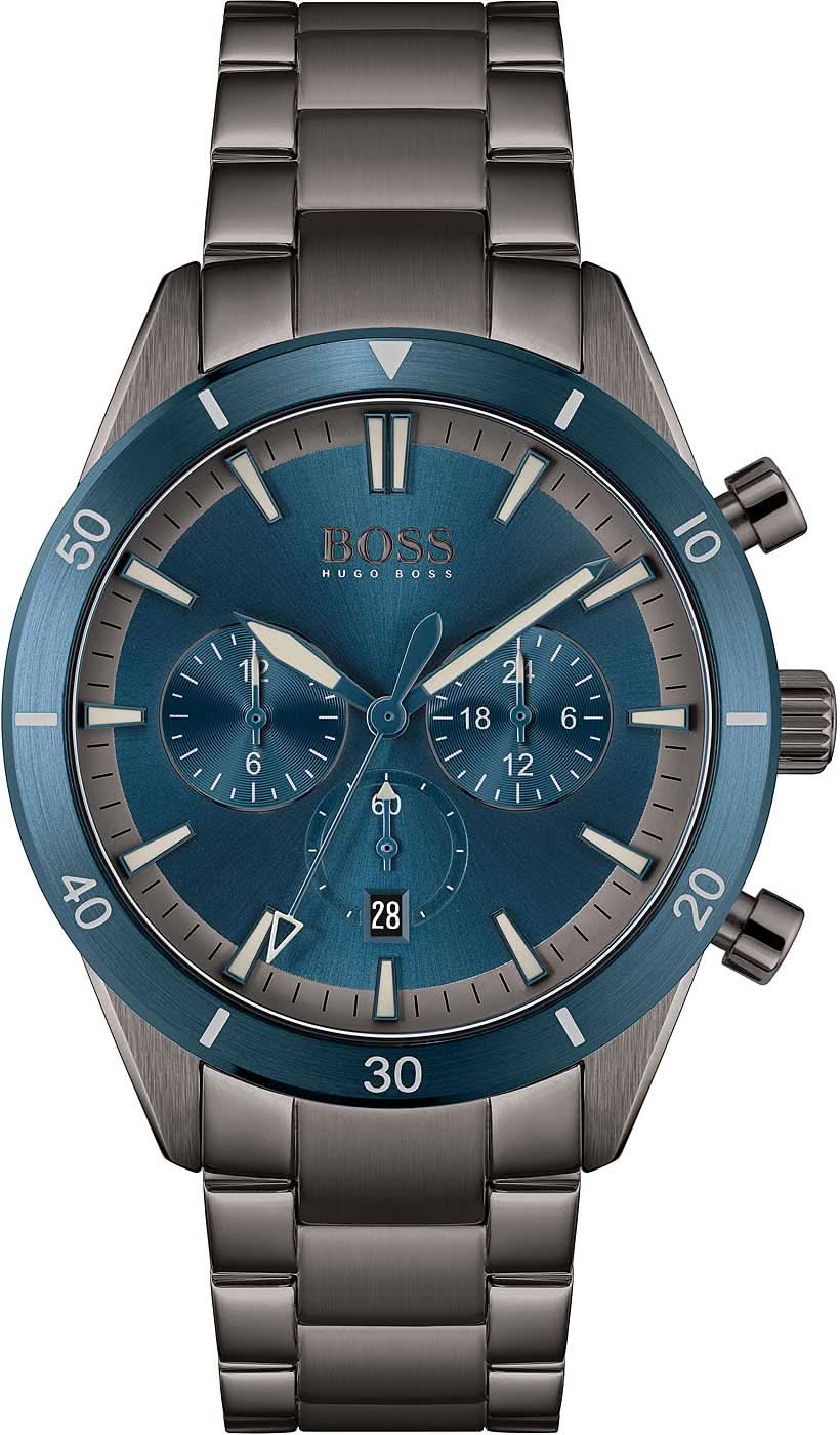 Montre homme avec cadran bleu et bracelet en acier inoxydable anthracite