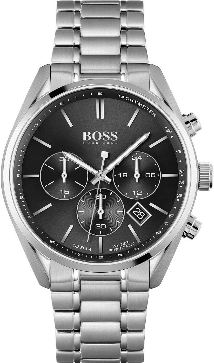 Montre BOSS pour homme : cadran noir, bracelet en acier inoxydable, affichage chronographe.