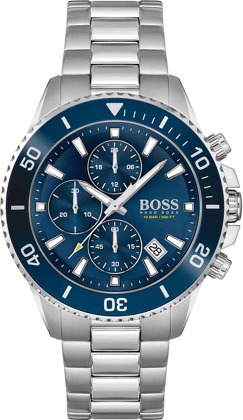 Montre chronographe pour homme avec cadran bleu, bracelet en acier inoxydable argenté et lunette tournante