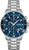 Montre chronographe pour homme avec cadran bleu, bracelet en acier inoxydable argenté et lunette tournante