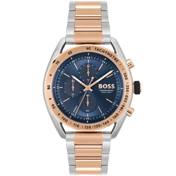 Herrenarmbanduhr mit blauem Zifferblatt und Chronograph, bicolor Gliederarmband.