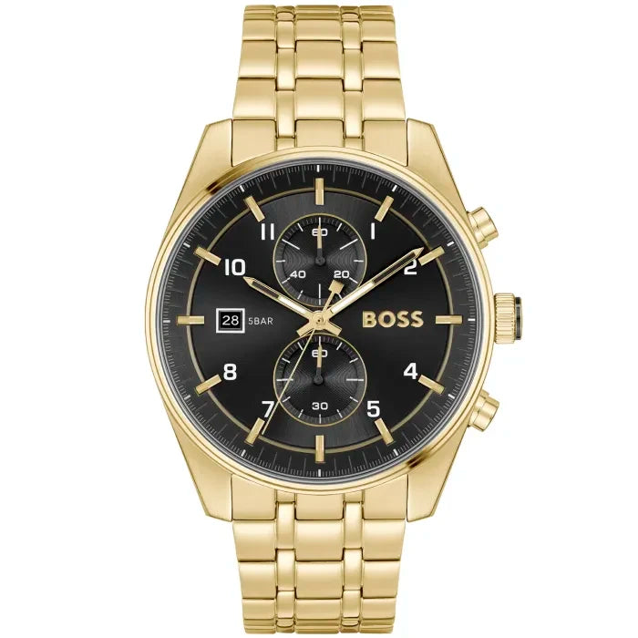 Herrenarmbanduhr mit goldfarbenem Metallband, schwarzem Zifferblatt und Chronograph-Optik