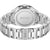 Rückseite einer Herren-Armbanduhr mit silbernem Edelstahlarmband und Gehäuseboden