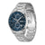 Herren-Chronograph seitlich mit blauem Zifferblatt und Edelstahlarmband