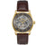 Herrenarmbanduhr: skelettiertes Zifferblatt, goldfarbener Rahmen, braunes Lederband