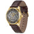 Herrenarmbanduhr mit skelettiertem Zifferblatt, goldfarbener Lünette, braunem Lederarmband