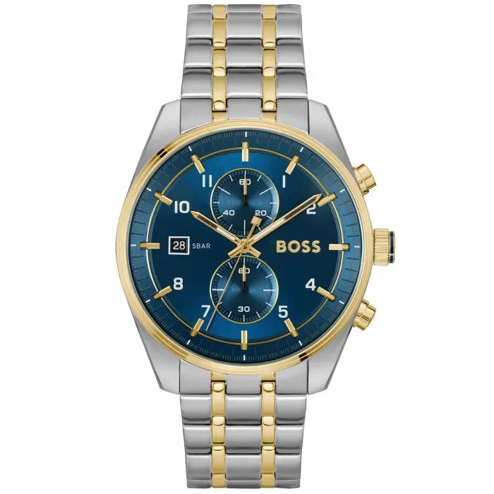 BOSS Herrenarmbanduhr mit blauem Zifferblatt, Chronograph, bicolorem Edelstahlband gold/silber