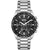 Herrenarmbanduhr mit silbernem Edelstahlband, schwarzem Zifferblatt und Chronograph