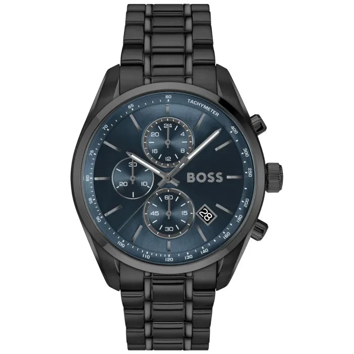 Herrenarmbanduhr BOSS mit blauem Zifferblatt, Chronograph und Tachymeter-Lünette, schwarzem Band