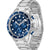 BOSS Herrenarmbanduhr mit blauem Zifferblatt, Drückern, Krone und Edelstahlarmband.