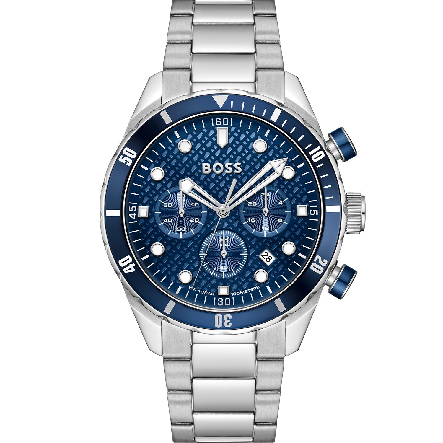 BOSS Herrenarmbanduhr mit blauem Zifferblatt, Chronographen-Subdials und Edelstahlarmband.