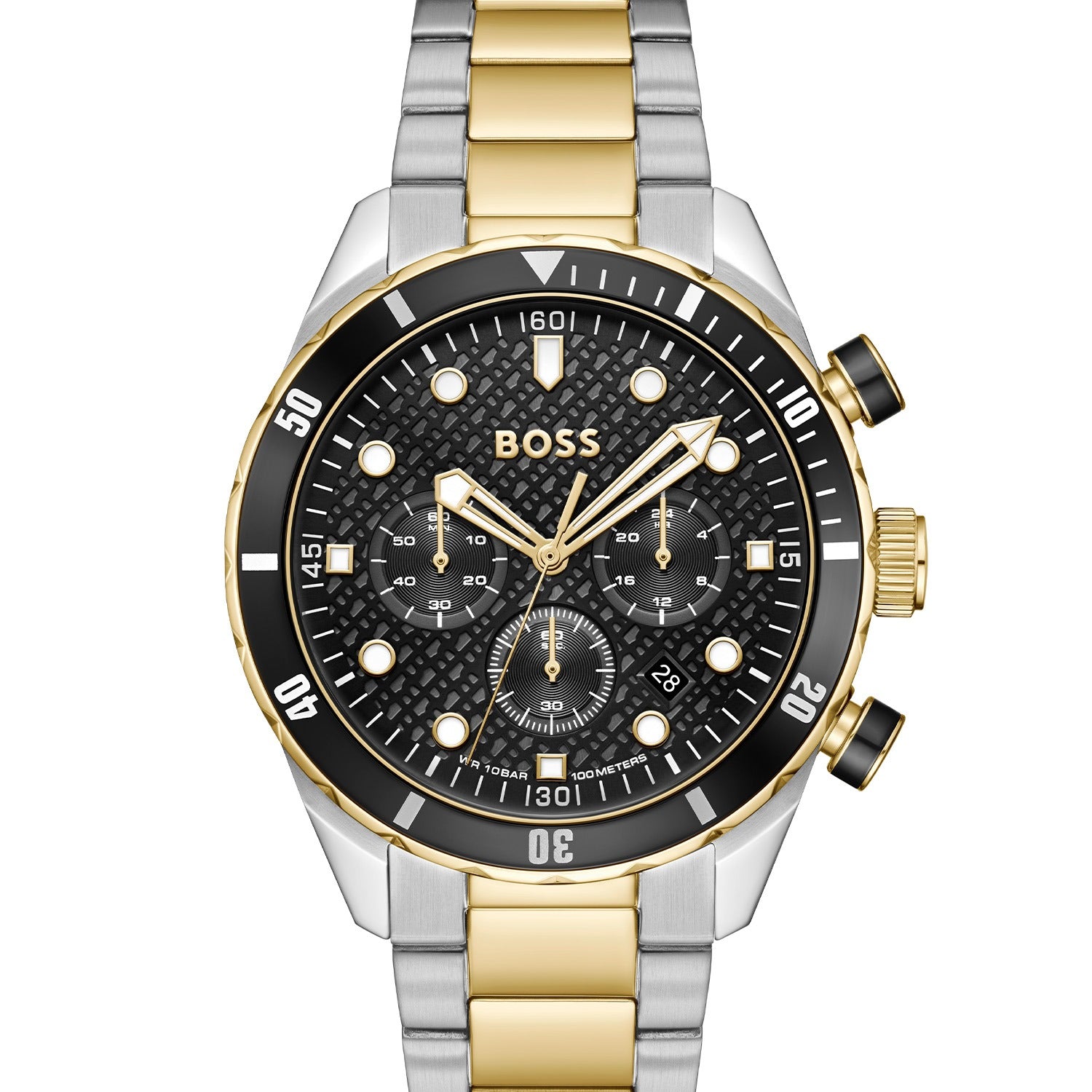 Herrenarmbanduhr BOSS Chronomatrix, schwarzes Zifferblatt, goldene Akzente, Edelstahlband
