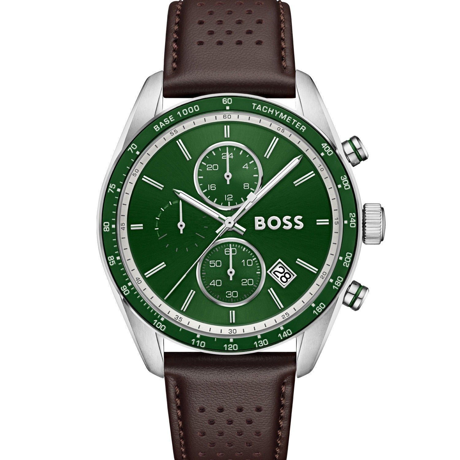 BOSS Herrenarmbanduhr: grünes Zifferblatt, braunes Lederband, Edelstahlgehäuse