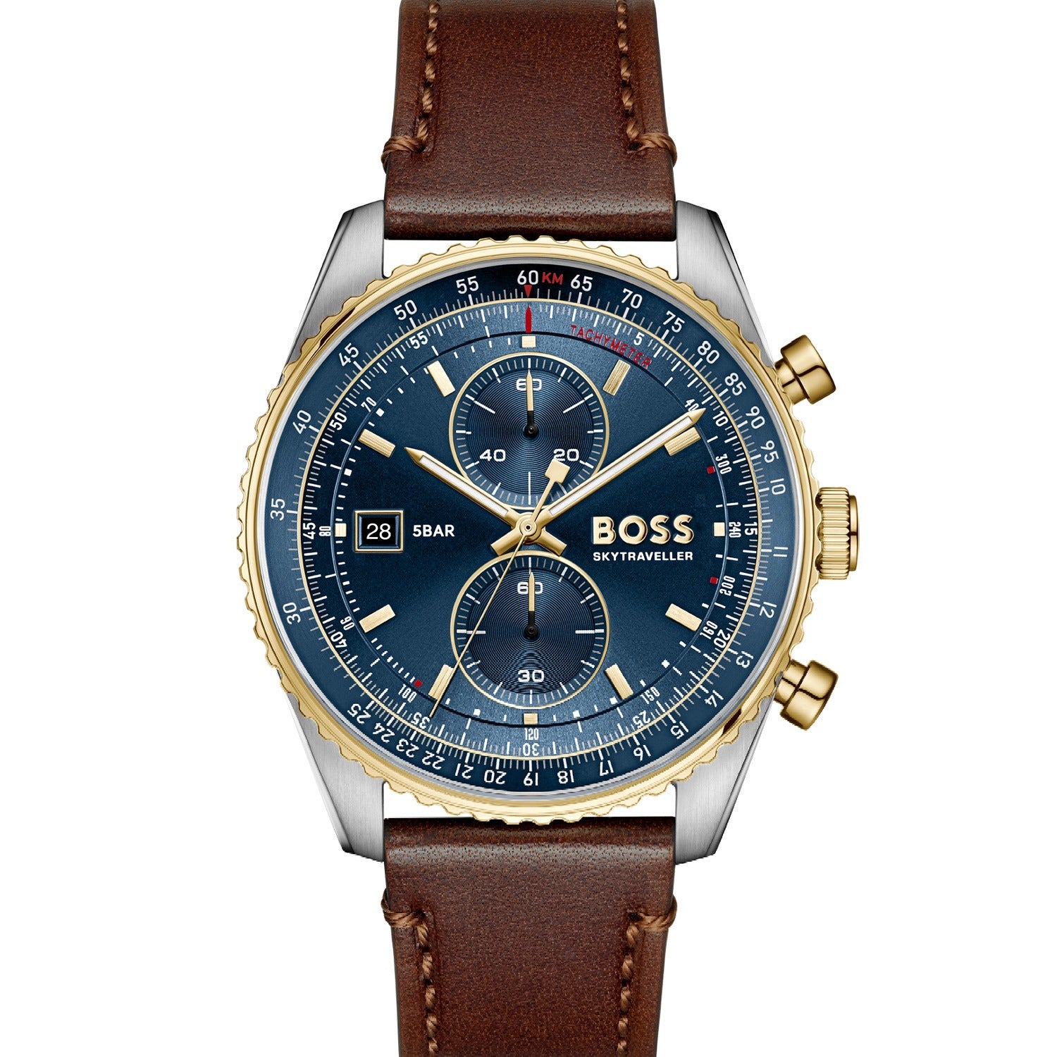 Herrenarmbanduhr mit blauem Zifferblatt, braunem Lederarmband und goldfarbenen Akzenten.