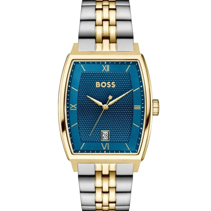 BOSS Herren-Armbanduhr mit blauem Zifferblatt, goldfarbenem Gehäuse und zweifarbigem Metallband