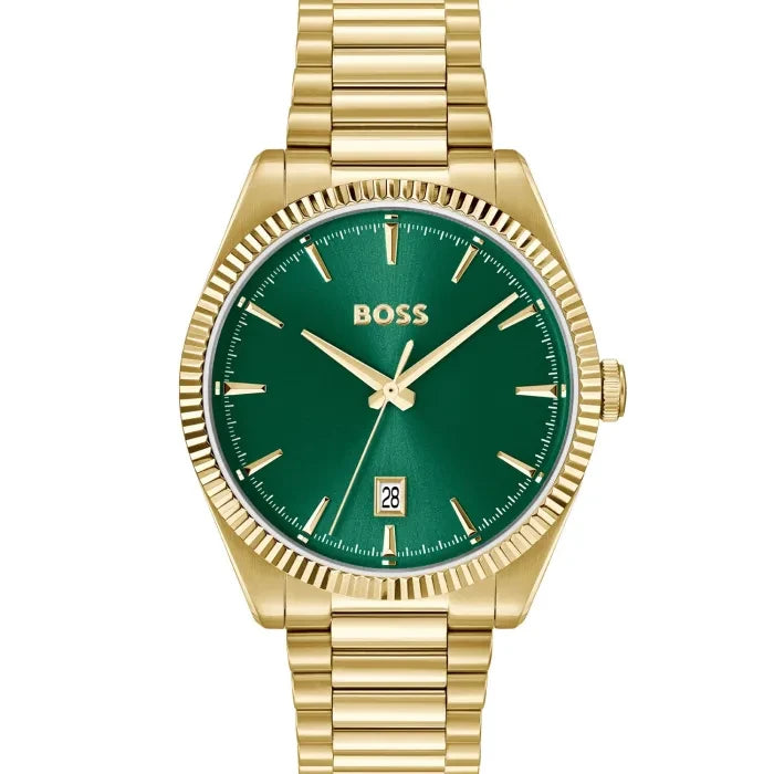 BOSS Herrenarmbanduhr mit goldfarbenem Metallband, grünem Zifferblatt und Datumsanzeige