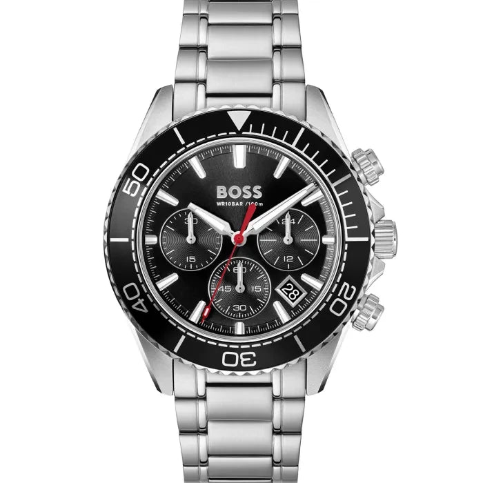 BOSS Herren-Armbanduhr: schwarzes Chronograph-Zifferblatt, Edelstahlarmband