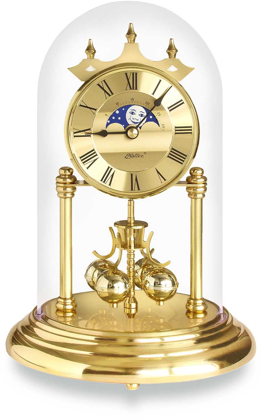 Horloge de table classique avec phase lunaire, cadran doré et chiffres romains, dôme en verre