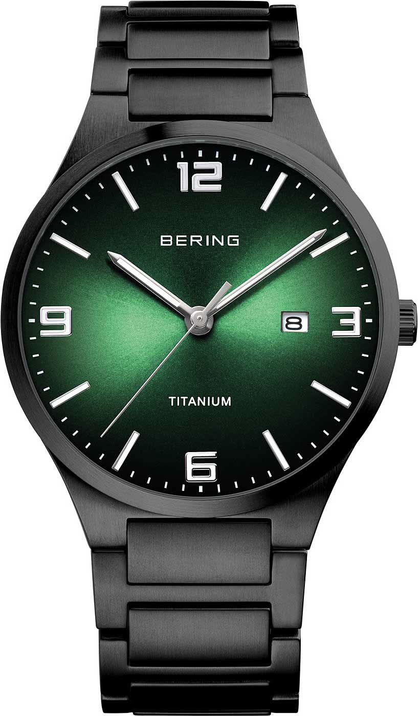 Montre homme avec cadran vert, inscription BERING et bracelet en métal noir
