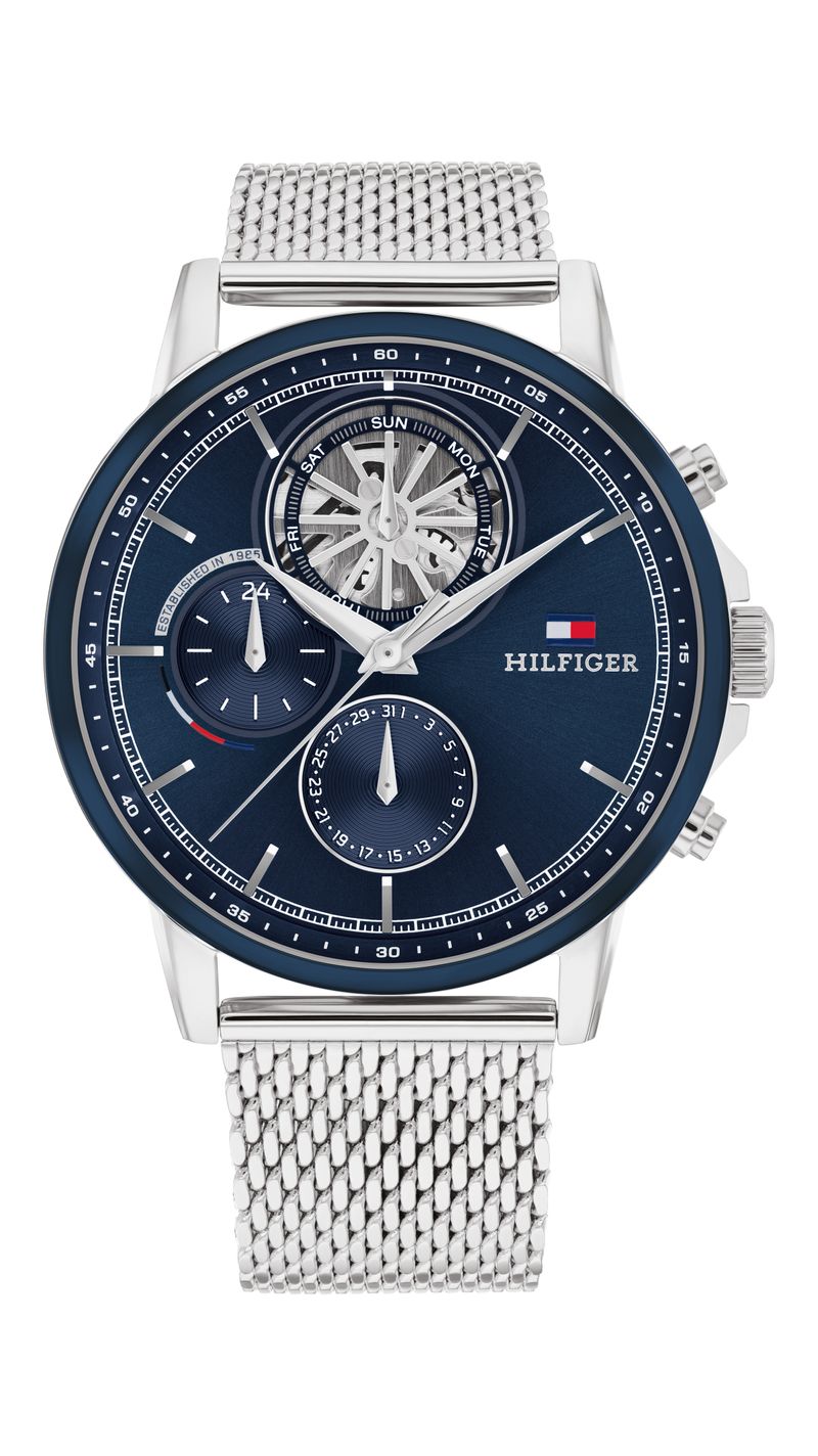 Tommy Hilfiger Herrenarmbanduhr: blaues Skelett-Zifferblatt, Edelstahl-Milanaiseband