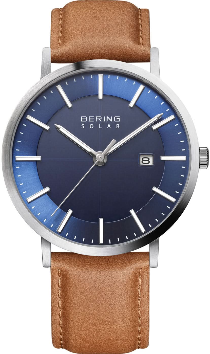 Montre solaire Bering pour homme avec cadran bleu et bracelet en cuir marron, boîtier en acier inoxydable
