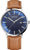 Montre solaire Bering pour homme avec cadran bleu et bracelet en cuir marron, boîtier en acier inoxydable