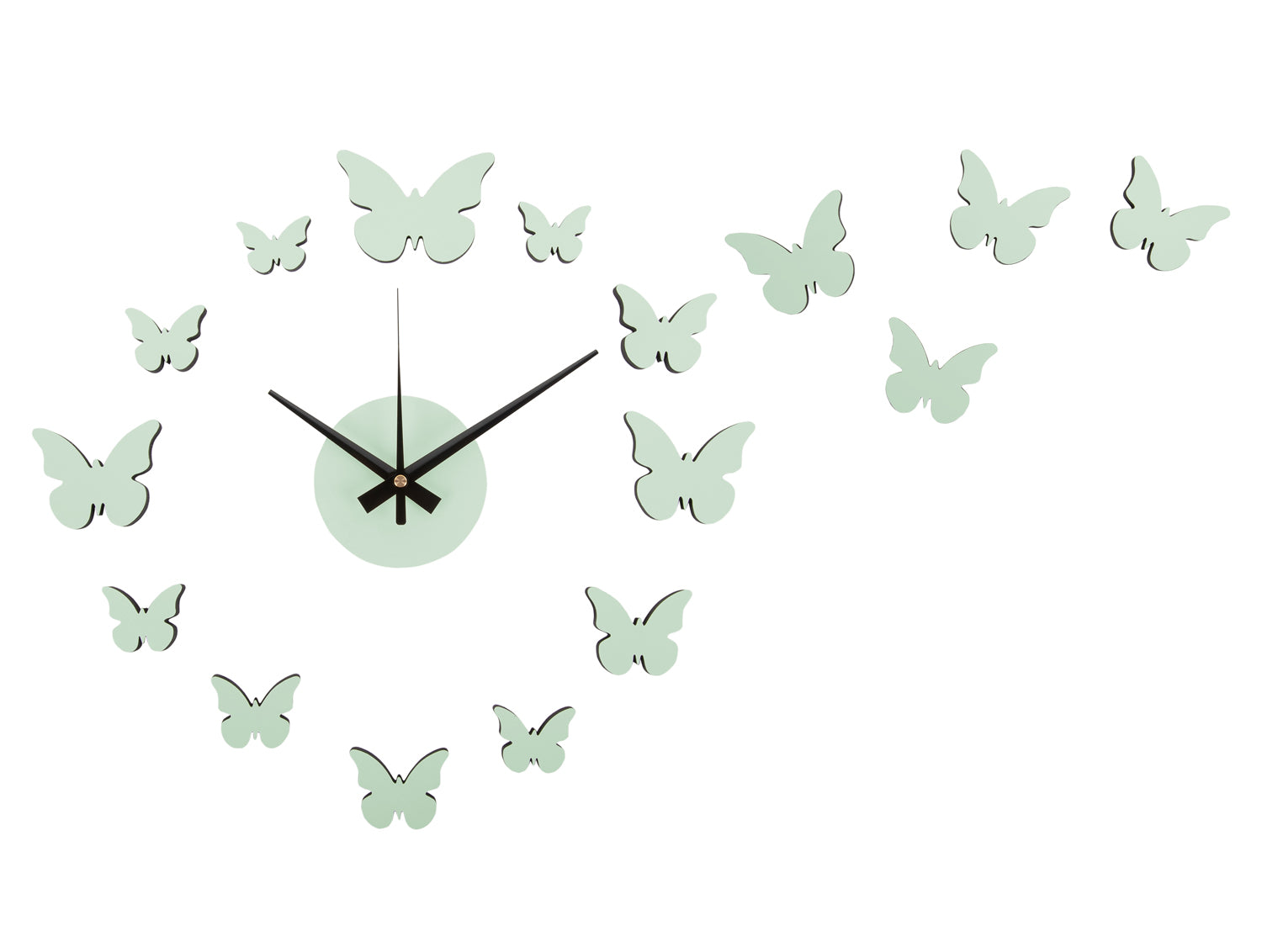 Horloge murale avec papillons, cadran vert clair et aiguilles noires
