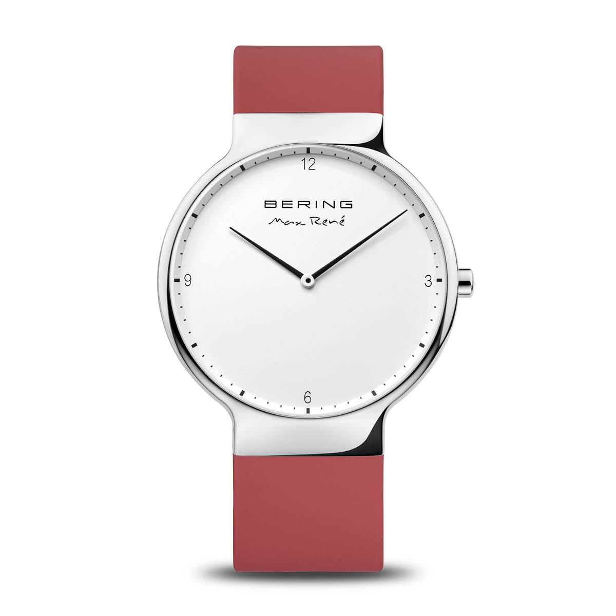 Herrenuhr mit silbernem Gehäuse, weißem Zifferblatt und rotem Silikonarmband