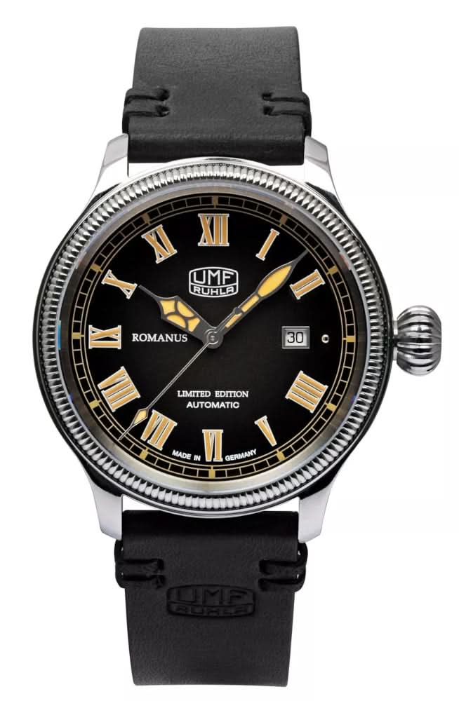 Montre bracelet pour homme UMF Ruhla avec bracelet en cuir noir, cadran noir, chiffres romains
