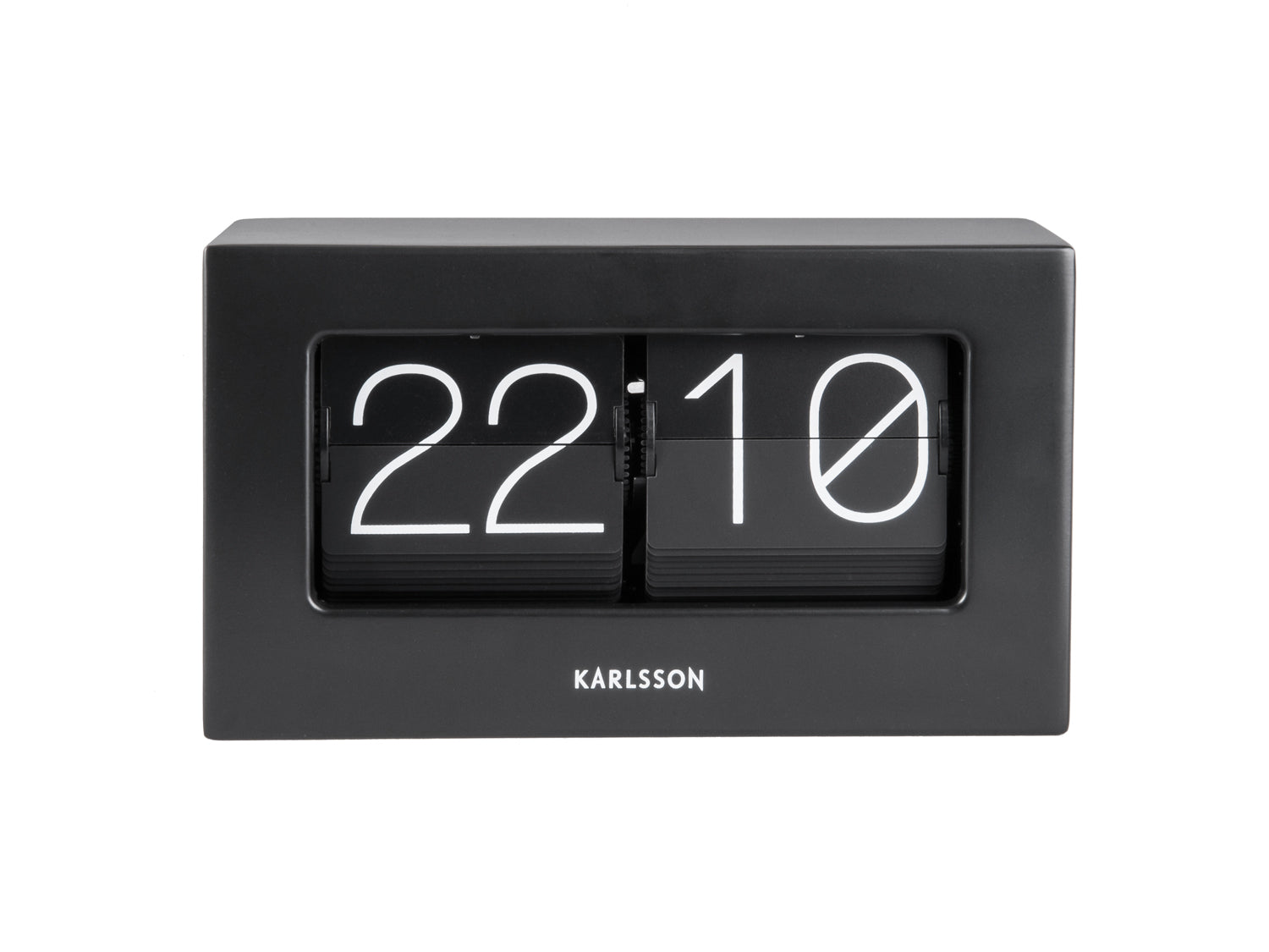 Horloge de table Karlsson dans un boîtier noir avec chiffres à rabat, affichage 22:10