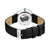 Bering Damenuhr mit Glasboden-Ansicht, schwarzem Lederarmband und silbernem Gehäuse