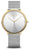Montre homme avec cadran blanc, boîtier doré et bracelet milanais argenté.