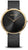 Montre pour femme : cadran noir, boîtier doré, bracelet milanais noir.
