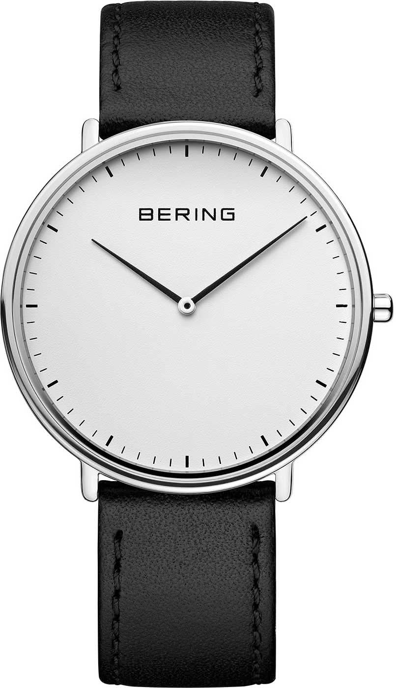 Bering Ultra Slim Uhr mit schwarzem Lederarmband und weißem Zifferblatt, schlanker Lünette