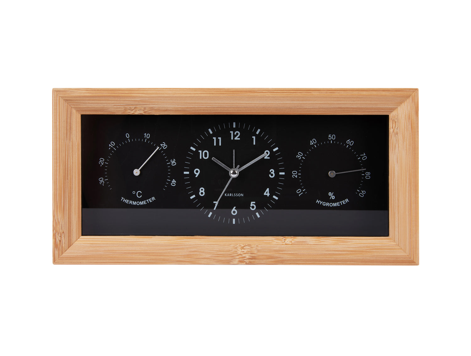 Réveil mural rectangulaire avec cadre en bois et cadran noir, thermomètre et hygromètre