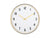 Horloge murale avec bordure jaune pâle, cadran blanc, chiffres noirs et aiguilles dorées
