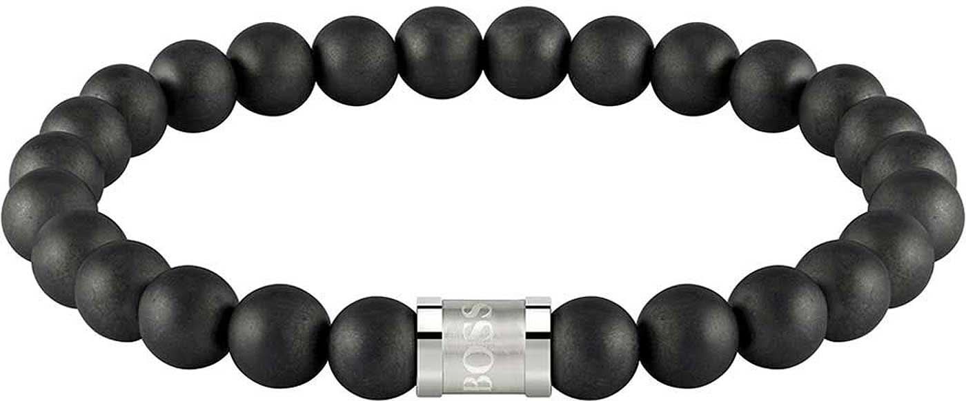 Bracelet pour homme en perles d'onyx noir avec plaque centrale argentée
