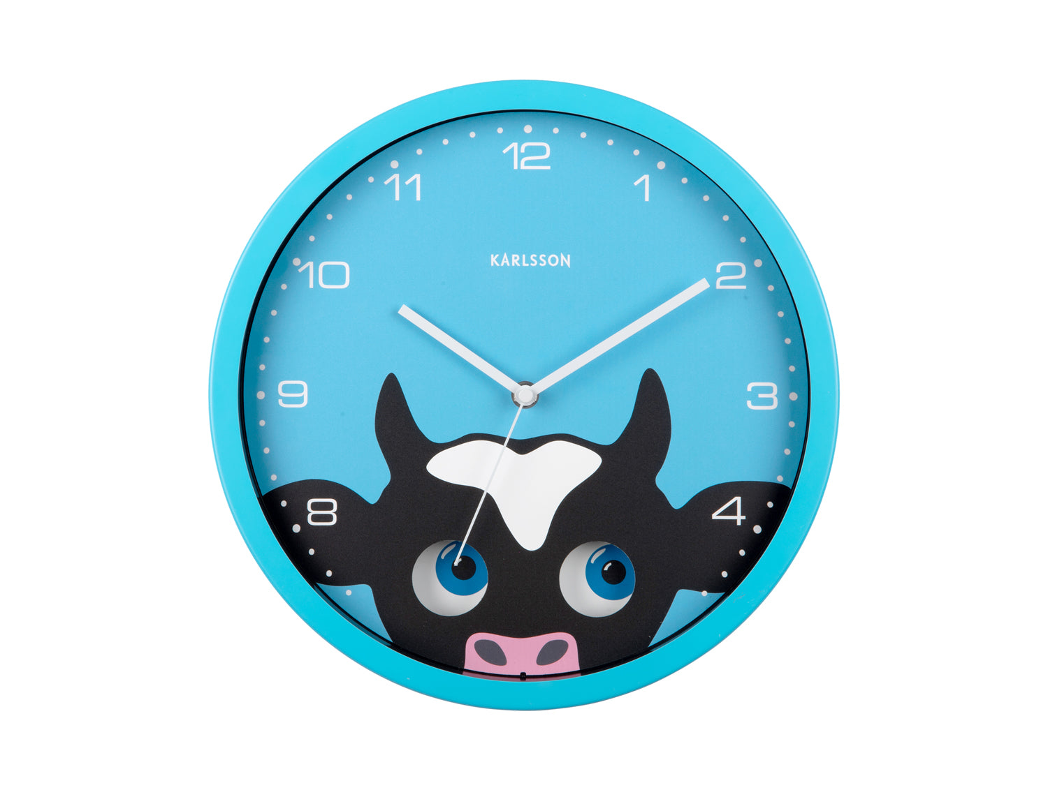 Horloge murale bleue avec motif de vache, yeux mobiles, cadre rond, chiffres et aiguilles