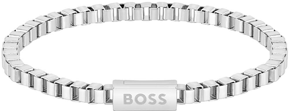 Edelstahlarmband mit Gliederkette und rechteckigem Anhänger mit BOSS-Logo