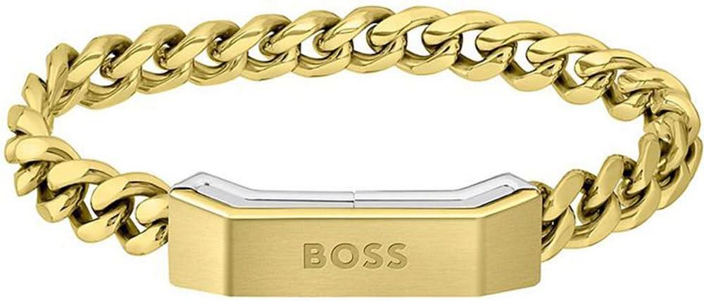 Goldfarbenes Armband mit Kettengliedern und großem Verschluss, Gravur „BOSS“