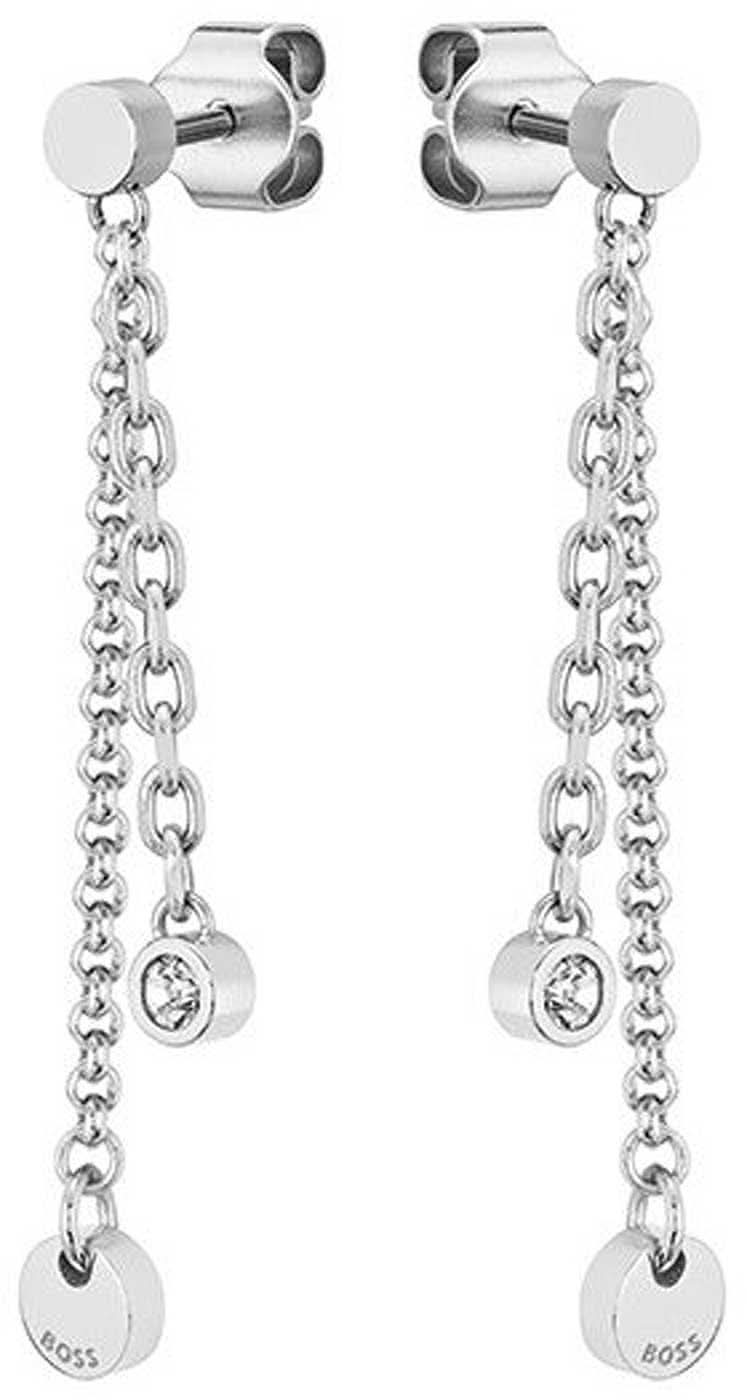Boucles d'oreilles avec pendentifs en pierre ronde, fermoirs à charnière et longues chaînes avec étiquettes BOSS