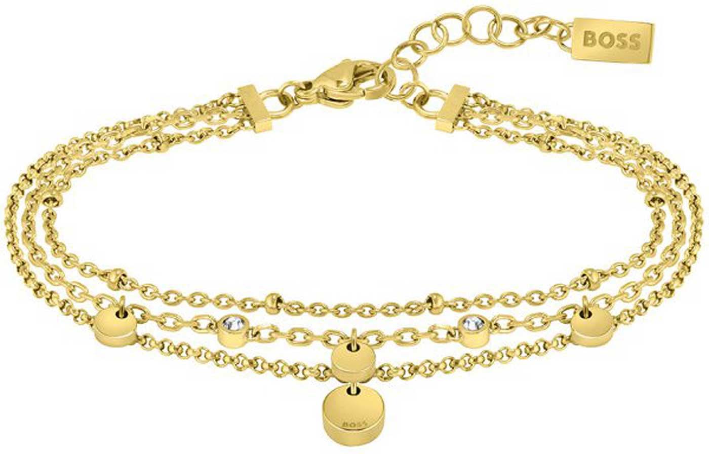 Bracelet chaîne multi-rangs doré avec breloques rondes et fermoir à breloque