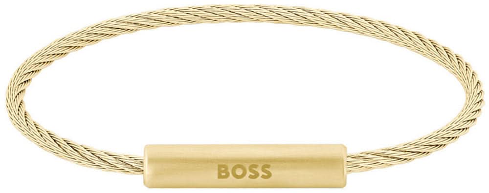 Bracelet en acier inoxydable avec chaîne tressée et plaque rectangulaire « BOSS ».