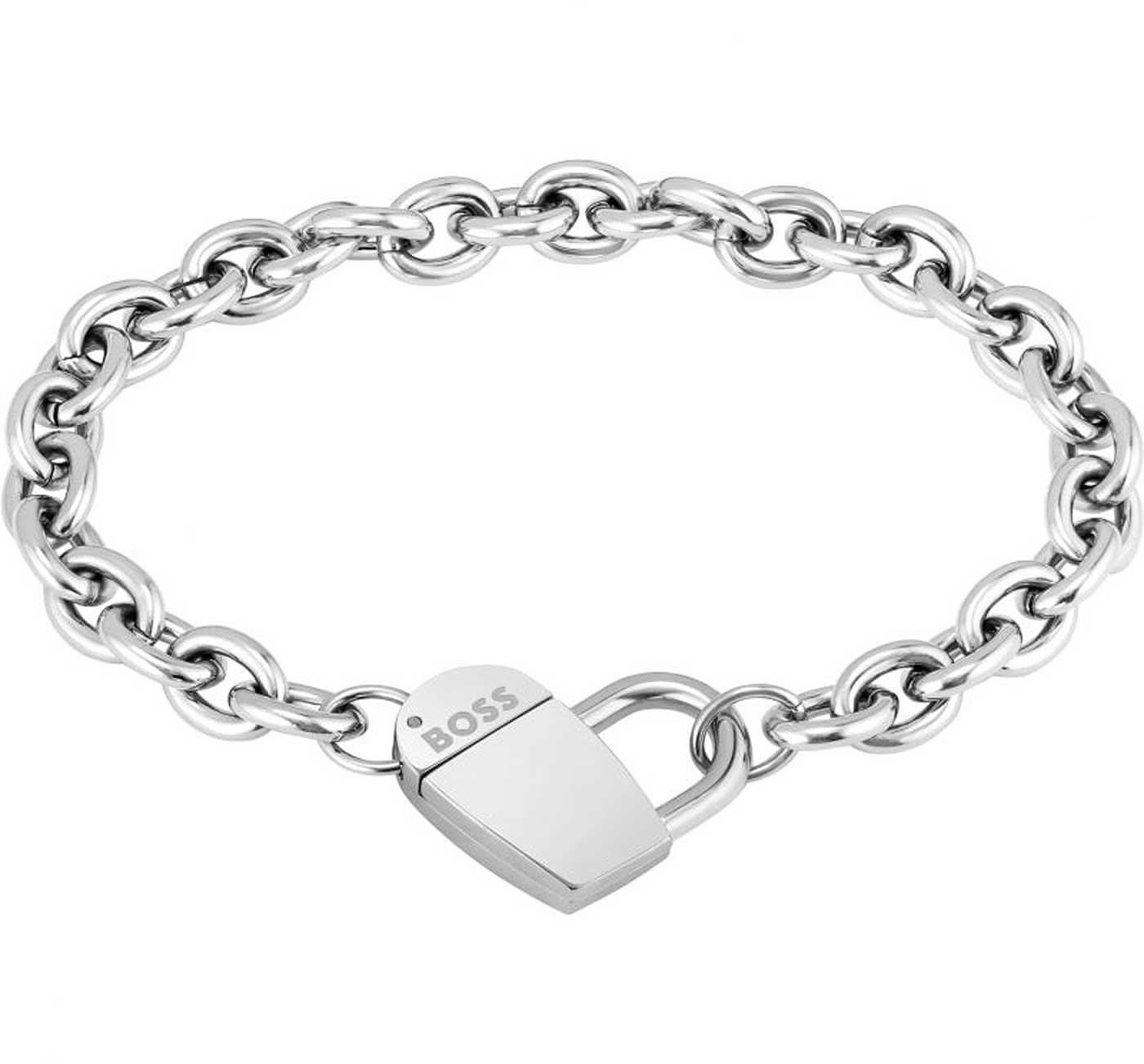 Bracelet cœur avec chaîne à maillons et grand fermoir magnétique en forme de cœur, couleur argent