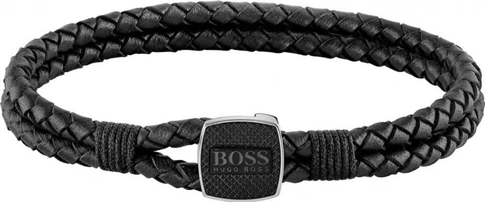Bracelet en cuir tressé noir avec boucle métallique carrée et logo BOSS gravé