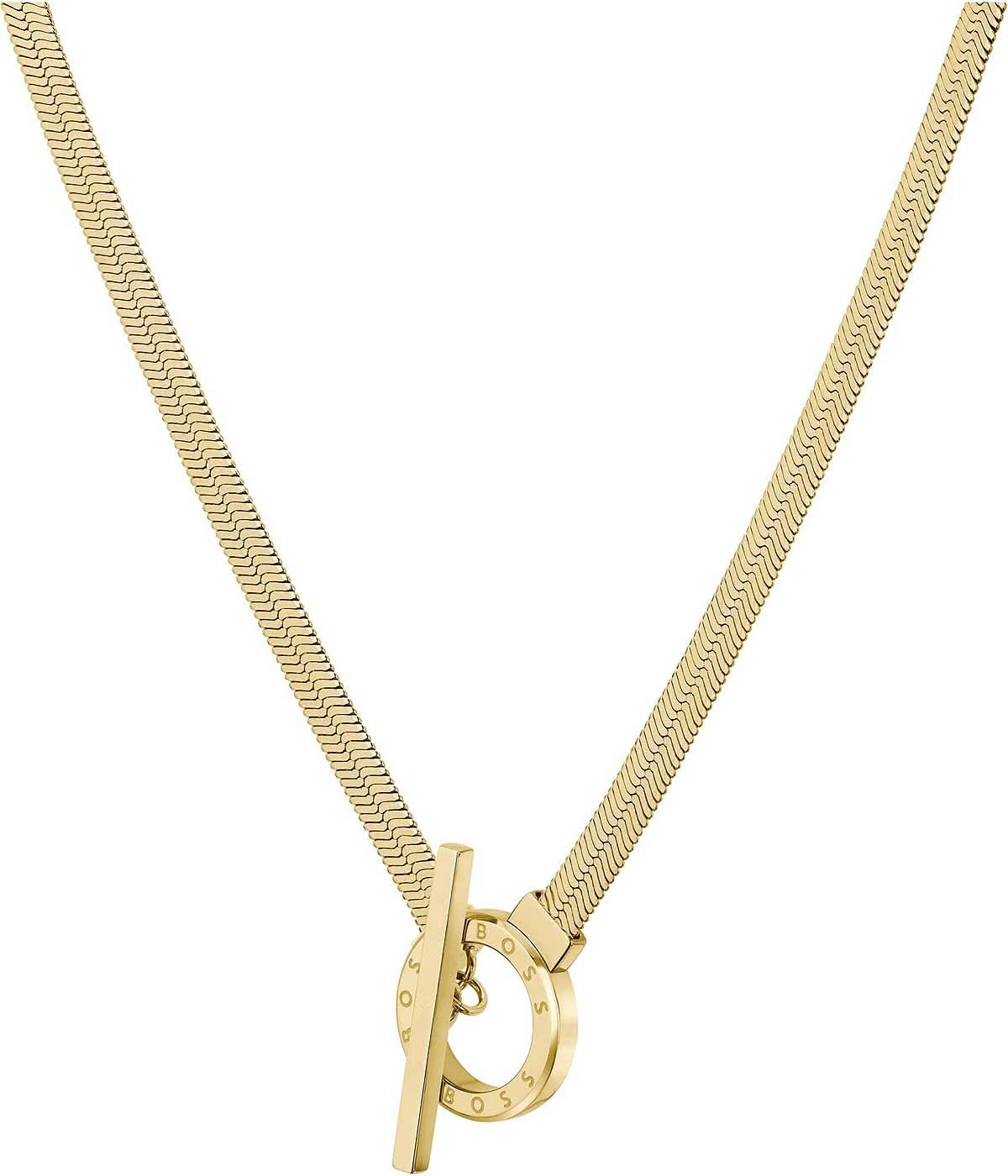 Collier à chevrons dorés avec fermoir à bascule et détail d'anneau au fermoir