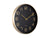Horloge murale avec cadran rond noir, chiffres dorés et cadre en aluminium clair