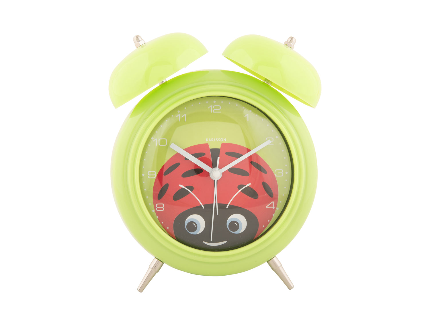 Réveil vert avec motif coccinelle, yeux mobiles, façade ronde