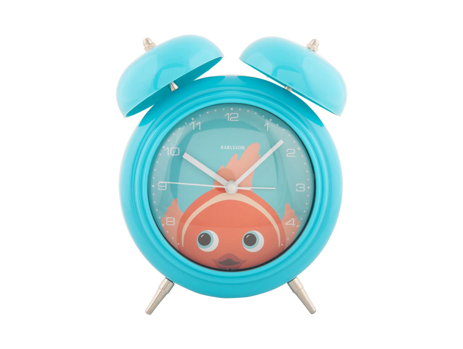 Réveil enfant avec boîtier bleu clair, nageoires et motif poisson aux grands yeux